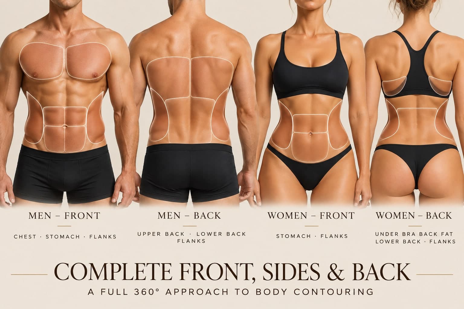 Full Circle treatment zones. Men, front: chest, stomach and flanks. Men, back: upper back, lower back and flanks. Women, front: stomach and flanks. Women, back: under-bra back fat, lower back and flanks. Complete front, sides and back.
